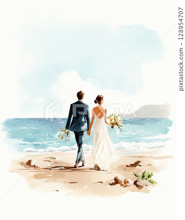 新娘和新郎沿著海灘散步的插圖 128954707