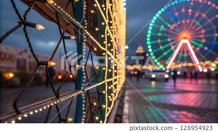 A wrought iron fence adorned with warm fairy lights stands in the foreground, with a blurred, colorful Ferris wheel and a city scene in the 128954923