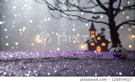 The image features a glittery purple surface with bokeh lights, a silhouetted haunted house, bare tree, and a sparkly pumpkin, giving off a spooky and festive Halloween 128954927