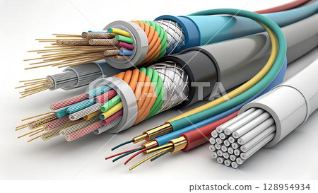 A collection of various cross-sections of electrical cables, showcasing their inner components and multi-layered construction style, all set against a white 128954934