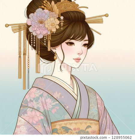 Elegant Asian Woman in Traditional Kimono with Ornate Golden Headdress with Generative AI. 128955062