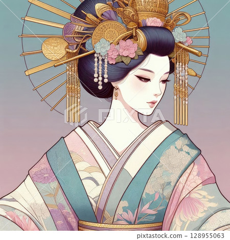 Elegant Asian Woman in Traditional Kimono with Ornate Golden Headdress with Generative AI. Elegant Asian Woman in Traditional Kimono with Ornate Golden Headdress with Generative AI. 128955063