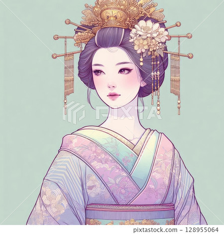 Elegant Asian Woman in Traditional Kimono with Ornate Golden Headdress with Generative AI. Elegant Asian Woman in Traditional Kimono with Ornate Golden Headdress with Generative AI. 128955064