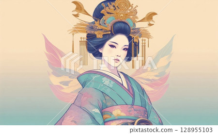 Elegant Asian Woman in Traditional Kimono with...-插圖素材 [128955103 ...