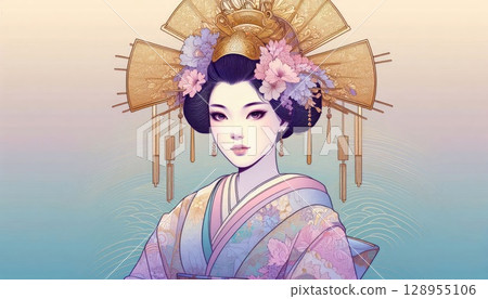 Elegant Asian Woman in Traditional Kimono with Ornate Golden Headdress with Generative AI. Elegant Asian Woman in Traditional Kimono with Ornate Golden Headdress with Generative AI. 128955106
