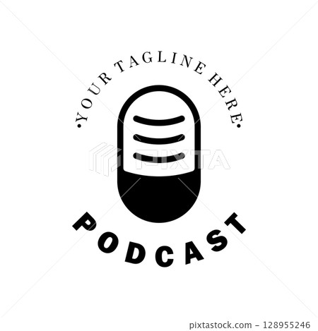 podcast logo with microphone and earphone audio, radio waves. for studio, talk show, chat, information sharing, interview, multimedia and web. 128955246