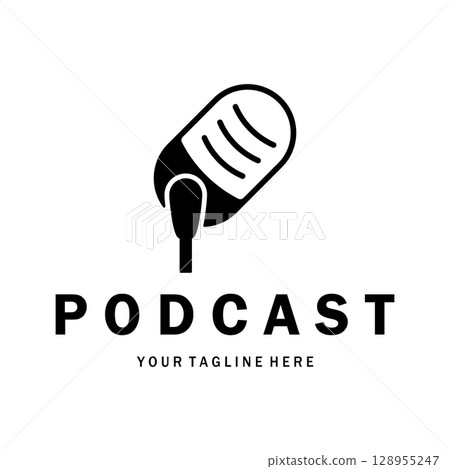 podcast logo with microphone and earphone audio, radio waves. for studio, talk show, chat, information sharing, interview, multimedia and web. podcast logo with microphone and earphone audio, radio waves. for studio, talk show, chat, information sharing, interview, multimedia and web. 128955247