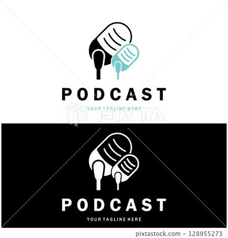 podcast logo with microphone and earphone audio, radio waves. for studio, talk show, chat, information sharing, interview, multimedia and web. 128955273
