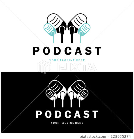 podcast logo with microphone and earphone audio, radio waves. for studio, talk show, chat, information sharing, interview, multimedia and web. 128955274