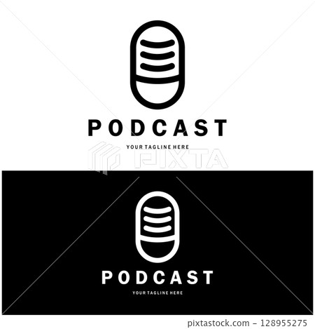 podcast logo with microphone and earphone audio, radio waves. for studio, talk show, chat, information sharing, interview, multimedia and web. 128955275