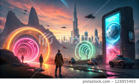 This futuristic cityscape features glowing portals, towering skyscrapers, flying vehicles, and people walking near tech displays, evoking a sense of advanced 128955403