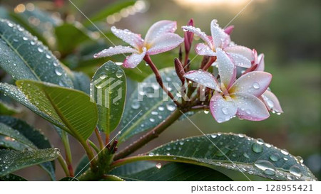 A close-up captures pink-tinged plumeria flowers and lush green leaves, both adorned with glistening water droplets after a refreshing rain A close-up captures pink-tinged plumeria flowers and lush green leaves, both adorned with glistening water droplets after a refreshing rain 128955421