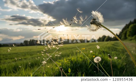 The image showcases a tranquil meadow with dandelions shedding their seeds into the air, illuminated by a soft, golden light as the sun sets behind a backdrop of The image showcases a tranquil meadow with dandelions shedding their seeds into the air, illuminated by a soft, golden light as the sun sets behind a backdrop of 128955436