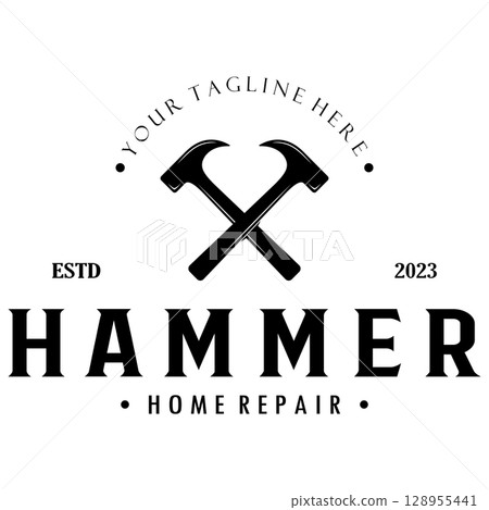 retro vintage crossed hammer and nail logo for home repair services, carpentry, badges, builders, woodworking, construction, vector retro vintage crossed hammer and nail logo for home repair services, carpentry, badges, builders, woodworking, construction, vector 128955441