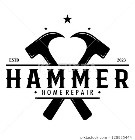 retro vintage crossed hammer and nail logo for home repair services, carpentry, badges, builders, woodworking, construction, vector 128955444