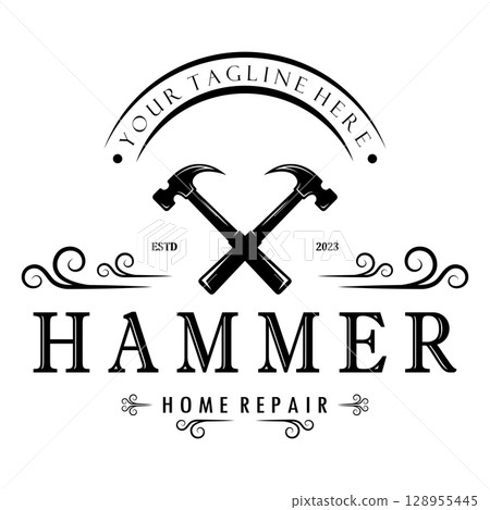 retro vintage crossed hammer and nail logo for home repair services, carpentry, badges, builders, woodworking, construction, vector 128955445