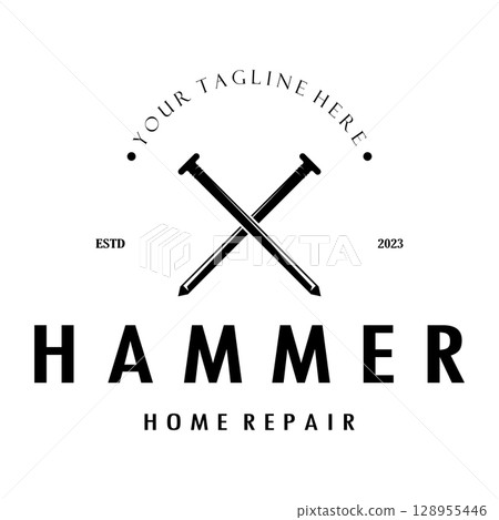 retro vintage crossed hammer and nail logo for home repair services, carpentry, badges, builders, woodworking, construction, vector retro vintage crossed hammer and nail logo for home repair services, carpentry, badges, builders, woodworking, construction, vector 128955446