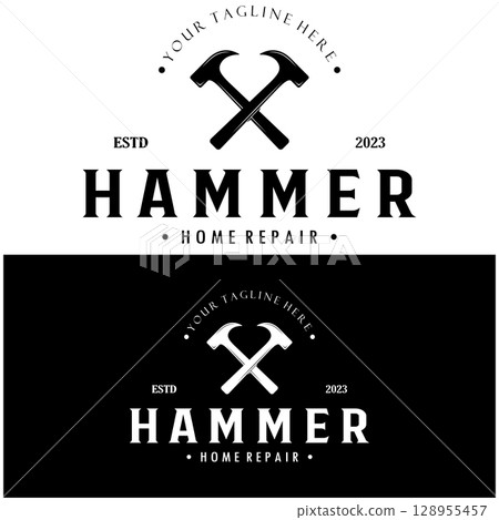 retro vintage crossed hammer and nail logo for home repair services, carpentry, badges, builders, woodworking, construction, vector retro vintage crossed hammer and nail logo for home repair services, carpentry, badges, builders, woodworking, construction, vector 128955457