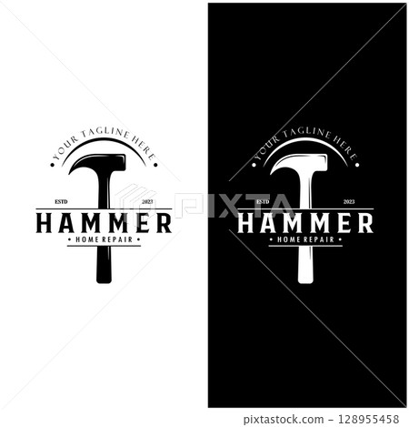 retro vintage crossed hammer and nail logo for home repair services, carpentry, badges, builders, woodworking, construction, vector retro vintage crossed hammer and nail logo for home repair services, carpentry, badges, builders, woodworking, construction, vector 128955458