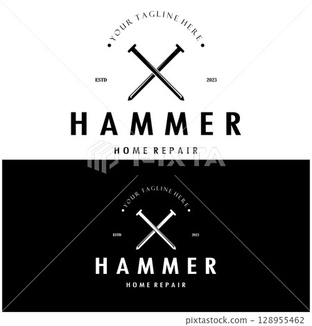 retro vintage crossed hammer and nail logo for home repair services, carpentry, badges, builders, woodworking, construction, vector retro vintage crossed hammer and nail logo for home repair services, carpentry, badges, builders, woodworking, construction, vector 128955462