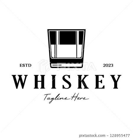 Vintage premium whiskey logo label with glass or beer. for drinks, bars, clubs, cafes, companies. 128955477
