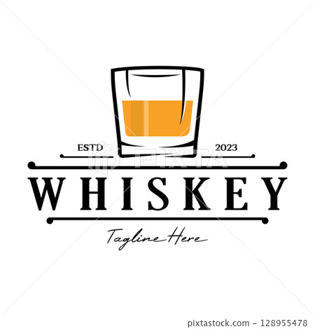 Vintage premium whiskey logo label with glass or beer. for drinks, bars, clubs, cafes, companies. 128955478