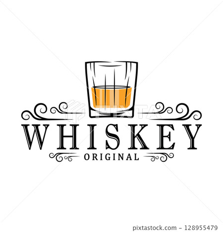 Vintage premium whiskey logo label with glass or beer. for drinks, bars, clubs, cafes, companies. 128955479