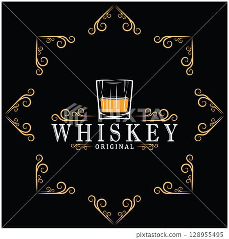 Vintage premium whiskey logo label with glass or beer. for drinks, bars, clubs, cafes, companies. Vintage premium whiskey logo label with glass or beer. for drinks, bars, clubs, cafes, companies. 128955495