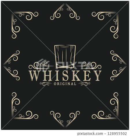 Vintage premium whiskey logo label with glass or beer. for drinks, bars, clubs, cafes, companies. Vintage premium whiskey logo label with glass or beer. for drinks, bars, clubs, cafes, companies. 128955502