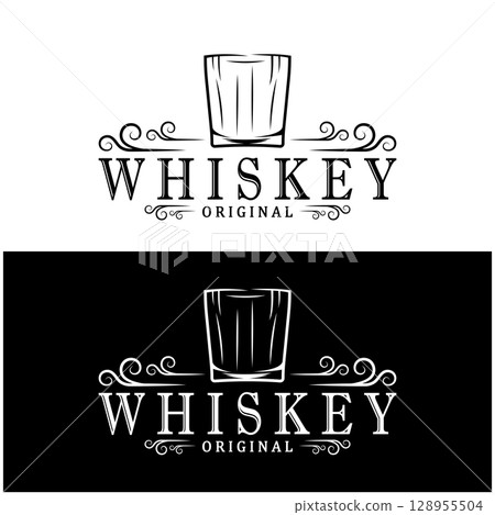 Vintage premium whiskey logo label with glass or beer. for drinks, bars, clubs, cafes, companies. Vintage premium whiskey logo label with glass or beer. for drinks, bars, clubs, cafes, companies. 128955504