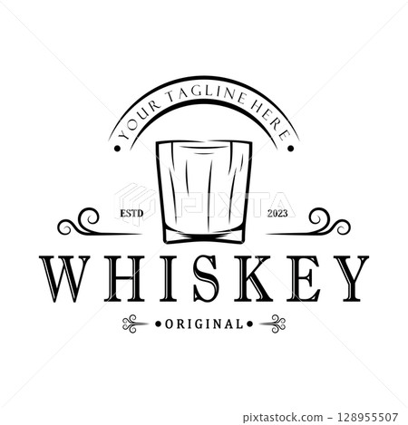 Vintage premium whiskey logo label with glass or beer. for drinks, bars, clubs, cafes, companies. Vintage premium whiskey logo label with glass or beer. for drinks, bars, clubs, cafes, companies. 128955507