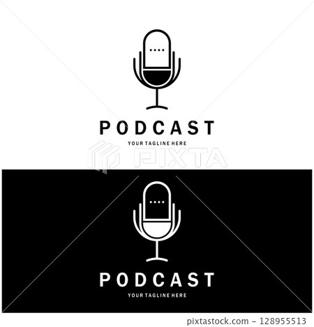 podcast logo with microphone and earphone audio, radio waves. for studio, talk show, chat, information sharing, interview, multimedia and web. 128955513