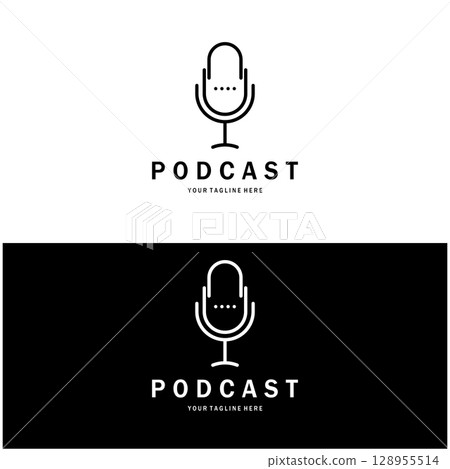 podcast logo with microphone and earphone audio, radio waves. for studio, talk show, chat, information sharing, interview, multimedia and web. 128955514