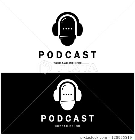 podcast logo with microphone and earphone audio, radio waves. for studio, talk show, chat, information sharing, interview, multimedia and web. 128955519