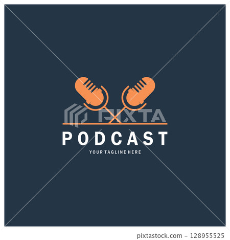podcast logo with microphone and earphone audio, radio waves. for studio, talk show, chat, information sharing, interview, multimedia and web. 128955525