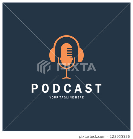 podcast logo with microphone and earphone audio, radio waves. for studio, talk show, chat, information sharing, interview, multimedia and web. 128955526