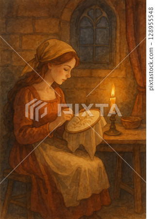 中世紀少女燭光刺繡畫 | 溫馨柔和的手工藝生活 | 復古風水彩畫 中世紀少女燭光刺繡畫 | 溫馨柔和的手工藝生活 | 復古風水彩畫 128955548