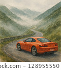 Crimson car, clouds and mist in the mountains ｜Passport travel story ｜Mountain road, Panda watercolor landscape 128955550