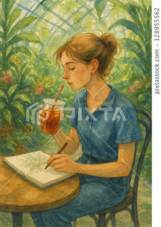 暖房畫|女子靜謐寫生|冷茶|綠色日常水彩風景 暖房畫|女子靜謐寫生|冷茶|綠色日常水彩風景 128955562