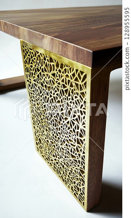 A table with a gold trim and a wood base A table with a gold trim and a wood base 128955595