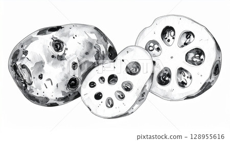 A composition of lotus root and its cross section drawn in ink 128955616