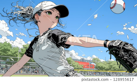 Young woman playing baseball 128955617