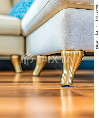 A white couch with gold legs sits on a wooden floor 128955660
