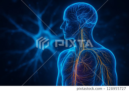 AI generated ultra detailed side view of human body showing glowing nervous and vascular systems with abstract sci fi blue background conveying intelligence energy and inner connection 128955727
