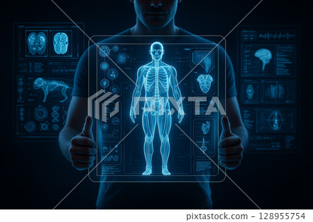AI generated digital visualization of a man holding a glowing transparent screen showing a full-body anatomical scan with surrounding medical data panels on a dark sci-fi background AI generated digital visualization of a man holding a glowing transparent screen showing a full-body anatomical scan with surrounding medical data panels on a dark sci-fi background 128955754