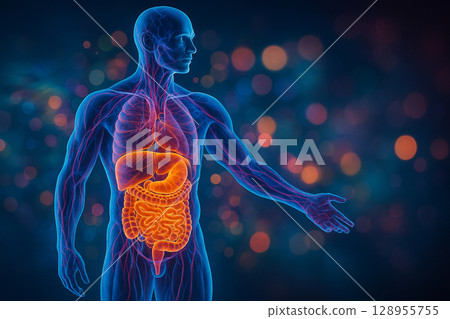 AI generated ultra detailed sci fi artwork showing glowing internal organs including lungs and intestines in a semi transparent human body on abstract background AI generated ultra detailed sci fi artwork showing glowing internal organs including lungs and intestines in a semi transparent human body on abstract background 128955755
