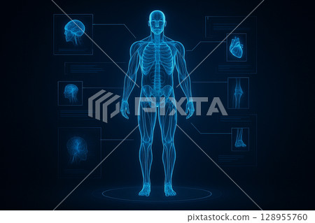AI generated ultra realistic holographic male anatomy scan showing skeleton muscles and biometric data in blue neon HUD within a futuristic medical lab setting 128955760