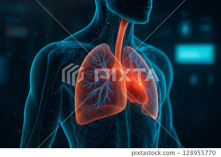 AI generated hyper detailed sci fi style rendering of human chest showing transparent lungs trachea and heart glowing with precision in a clean futuristic interface 128955770