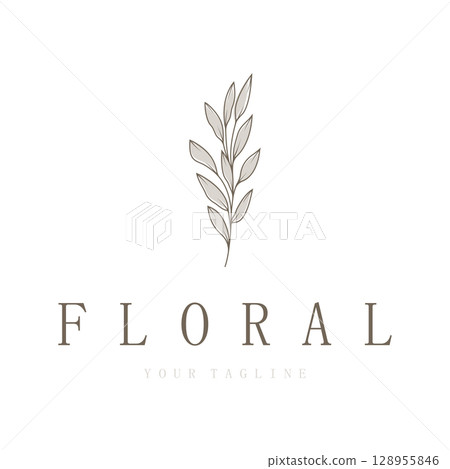 Elegant floral and leaf frame. Delicate botanical vector illustration for labels, spas, corporate identity, and wedding invitations 128955846