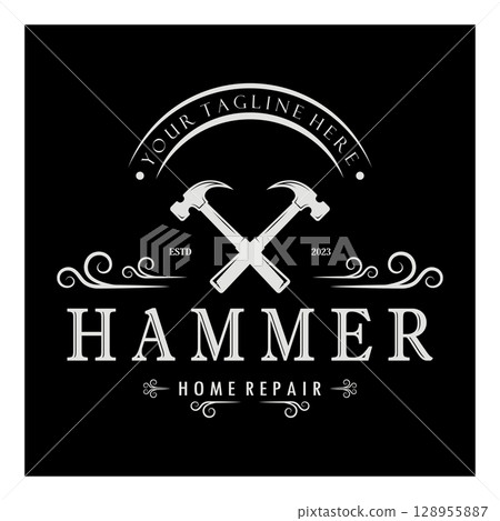 retro vintage crossed hammer and nail logo for home repair services, carpentry, badges, builders, woodworking, construction, vector 128955887